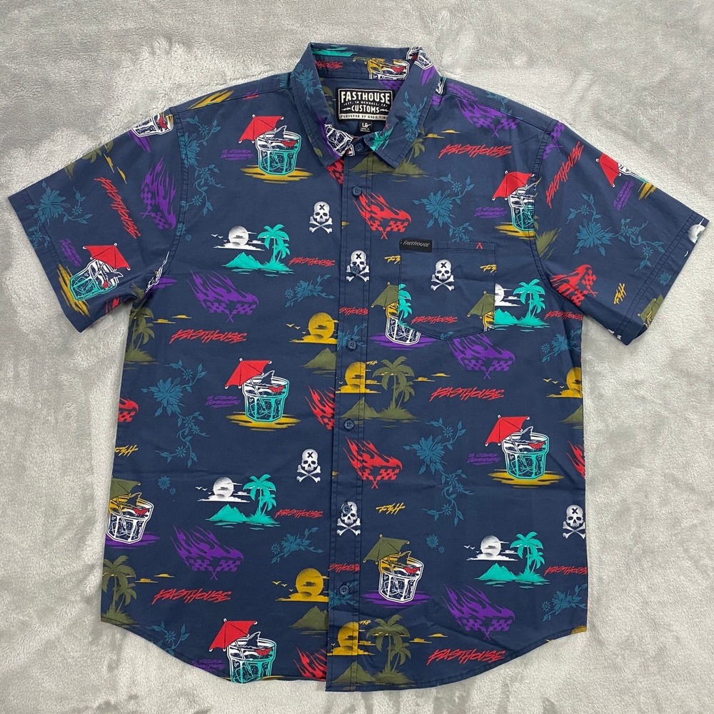 Fasthouse Hideout Button Up Shirt Men Large Indigo Tropical Skull Moto Casual